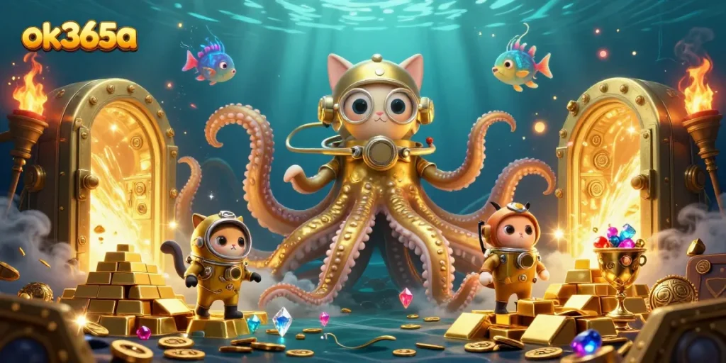 Experience thrilling games at ok365a with a captivating kraken and divers in this vibrant 3D scene.