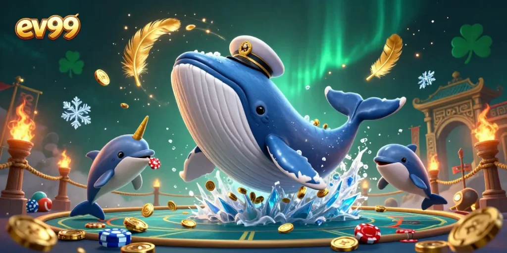 ev99 showcases a gigantic whale breaching in a sea of coins, symbolizing jackpot gaming excitement.