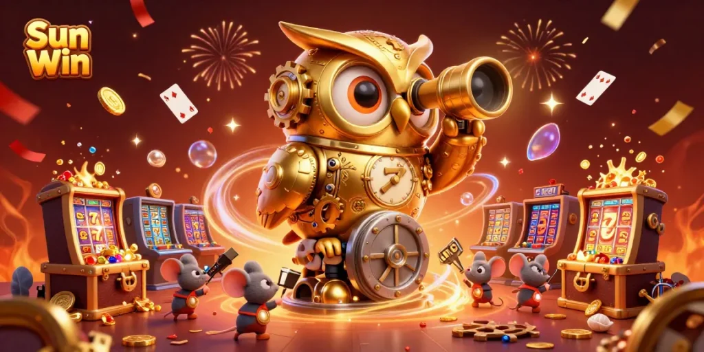 Win big at Sun Win with vibrant casino visuals showcasing 3D owl and golden treasures.