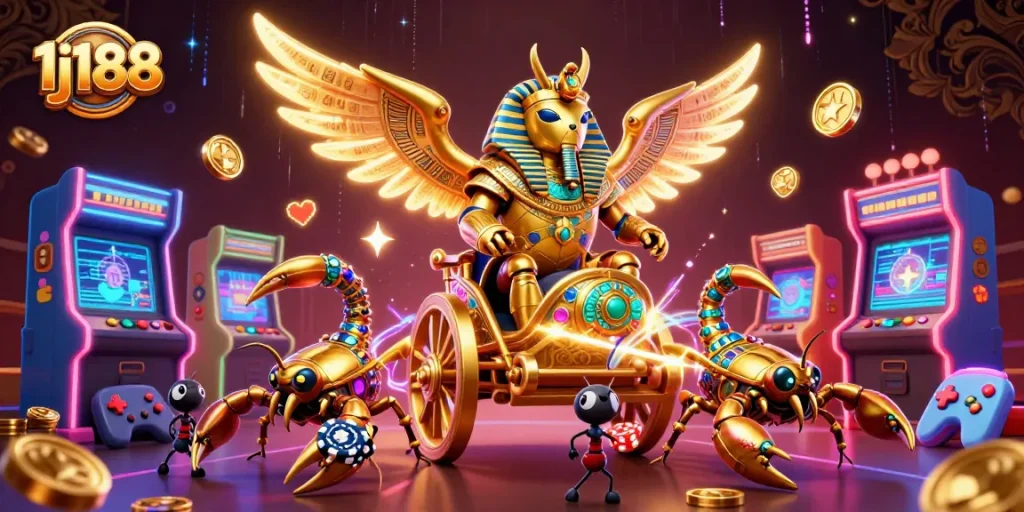 Experience thrilling gaming at 1j188 with golden casino symbols and lively characters.