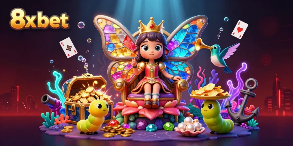 Immerse in the vibrant world of 8x bet with a cartoon butterfly queen surrounded by gold and gems.