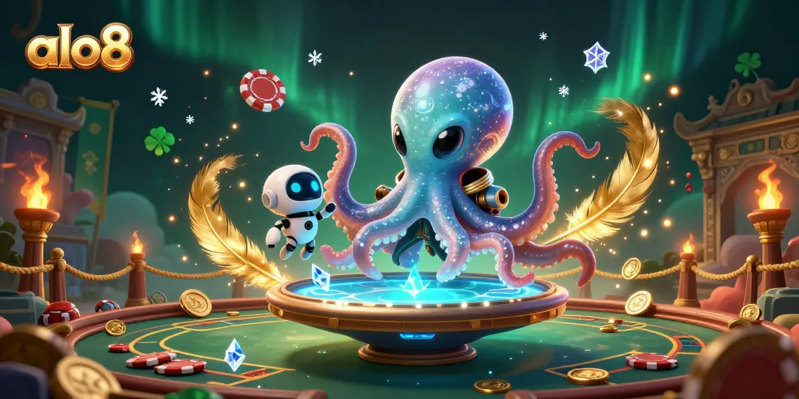 In the thrilling world of alo8, an octopus dealer dynamically orchestrates a holographic poker game amidst a vivid gambling galaxy.