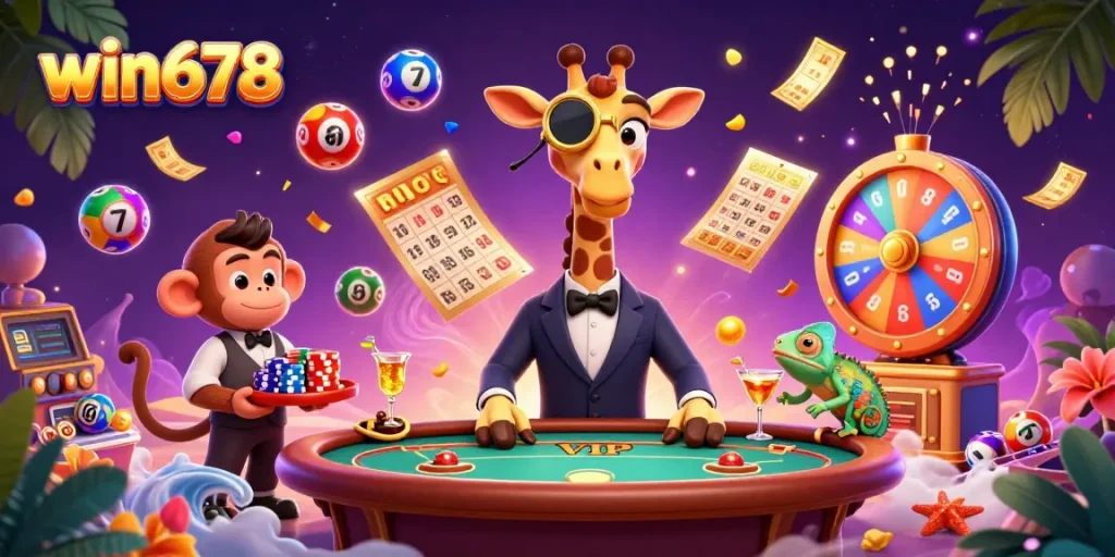 Win678 showcases an engaging 3D casino scene with a giraffe, monkey, and chameleon amid vibrant gambling elements.