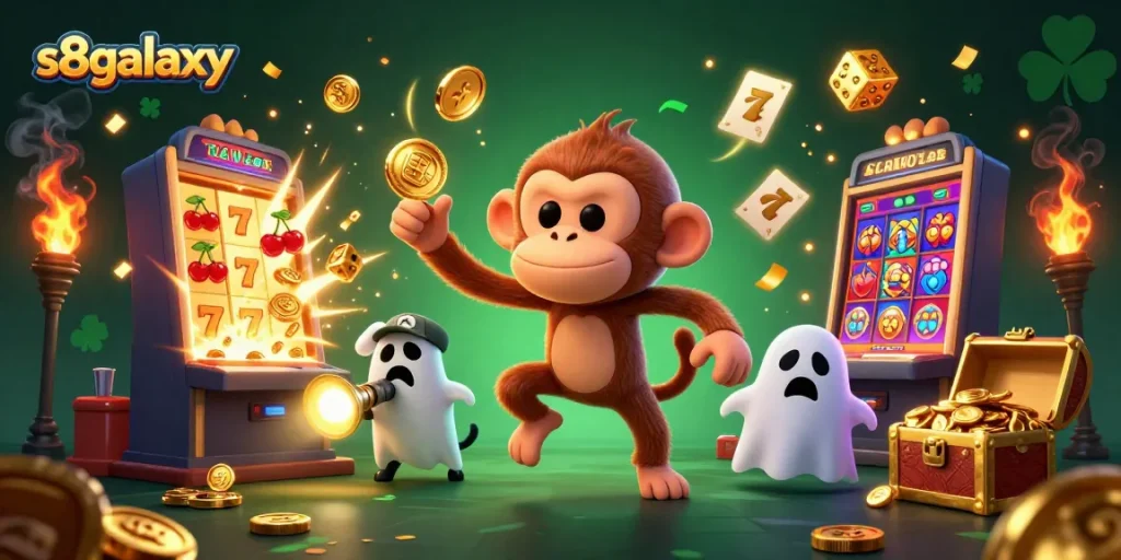 Experience the thrilling gaming action at s8galaxy, featuring a playful poltergeist monkey juggling golden prizes.