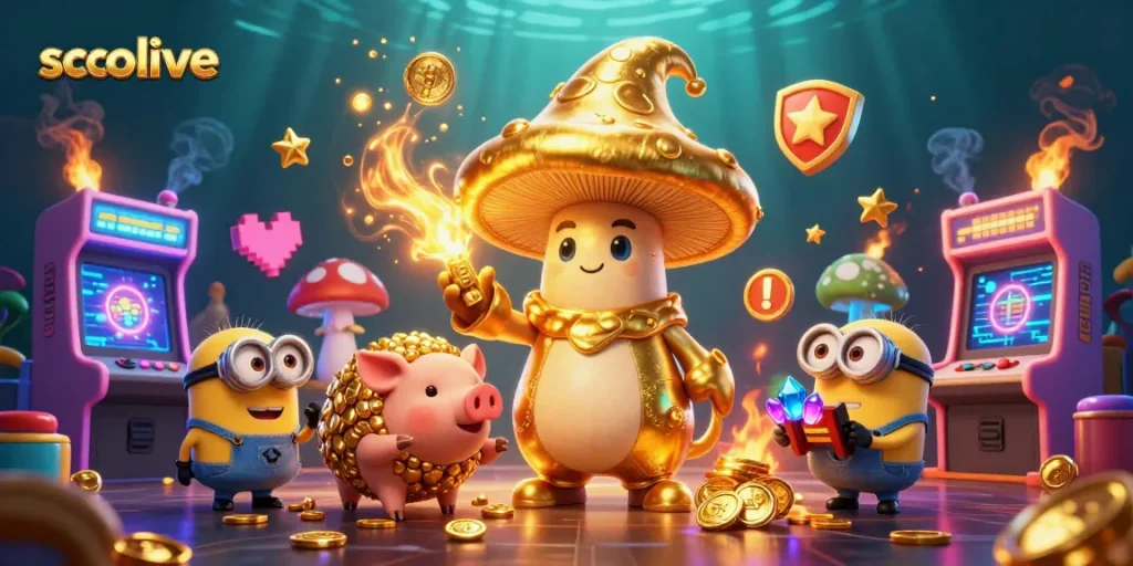 Experience socolive's thrilling magic as golden mushroom characters enrich a vibrant casino scene.