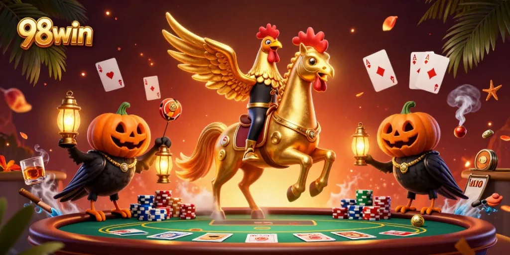 Win big at 98win with a thrilling casino experience featuring a golden rooster and lively gaming elements