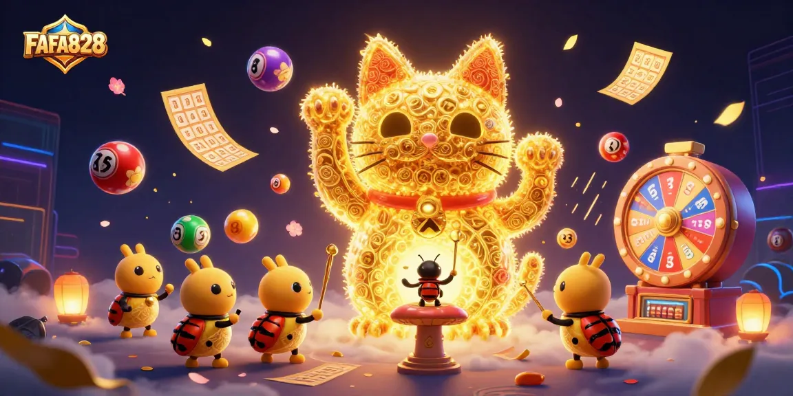 Join the excitement of FAFA828 with a vibrant casino scene featuring a lucky cat.