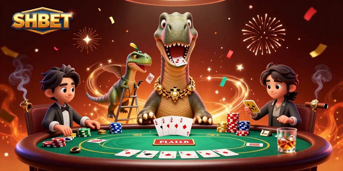 Engage with SHBET's thrilling atmosphere where a brontosaurus oversees a lively poker game filled with vibrant details.
