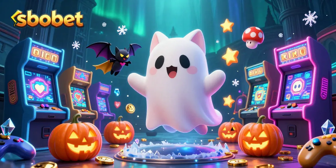 Explore sbobet's thrilling world with a ghost cat and bat in a haunted casino scene.