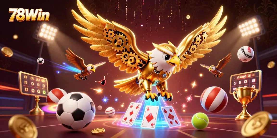 Experience thrilling gameplay at 78Win with a dynamic illustration showcasing a golden eagle diving through holographic cards.