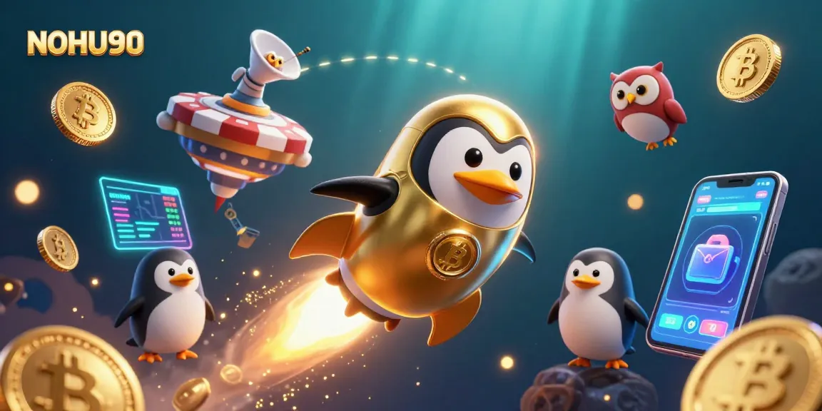 Experience the thrilling adventures at NOHU90 with a golden penguin sailing to a casino in a vibrant 3D illustration.