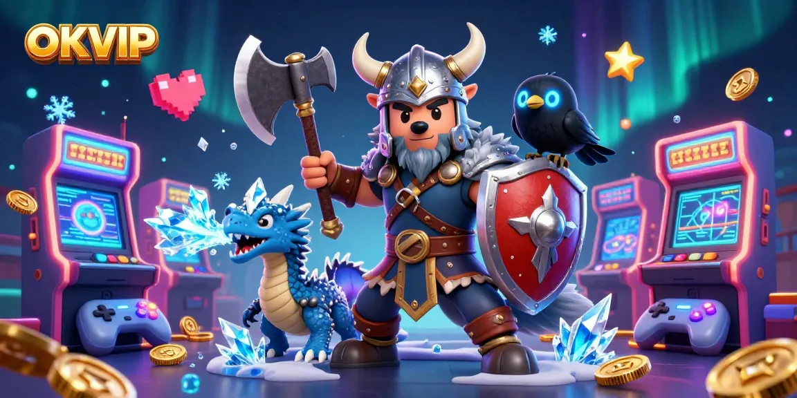 Engage with OKVIP's thrilling online gaming, featuring a Viking wolf warrior, dragon, and arcade elements.