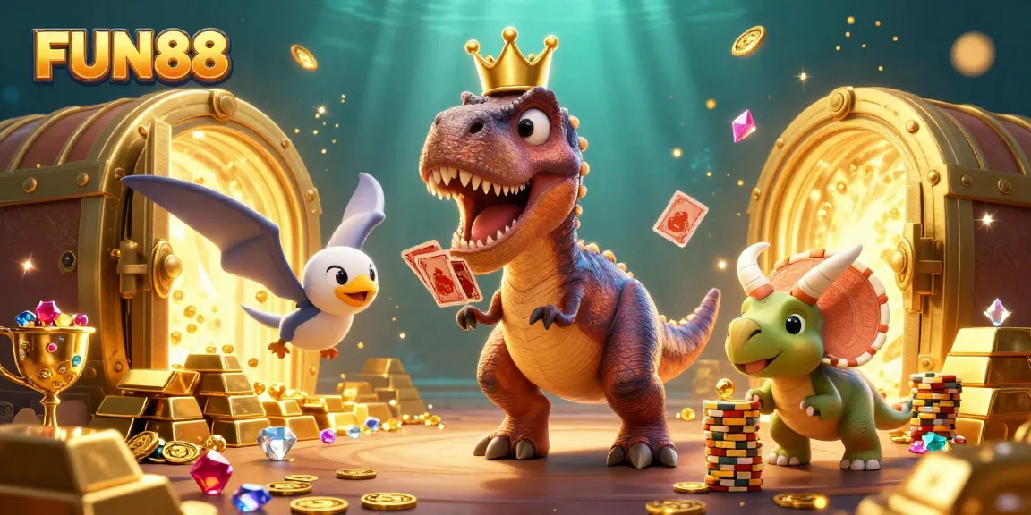 Experience FUN88 thrills with a T-Rex dealing cards, gold treasures exploding around in a vibrant casino scene.